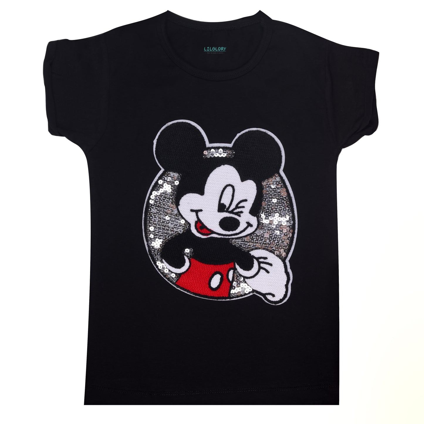 Mickey Mouse Sequin Party Wear Outing Girls Long Black T Shirt