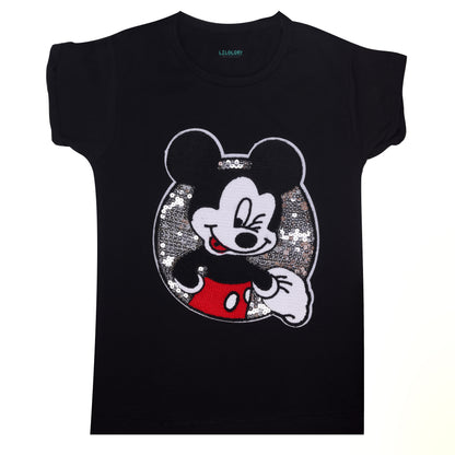 Mickey Mouse Sequin Party Wear Outing Girls Long Black T Shirt