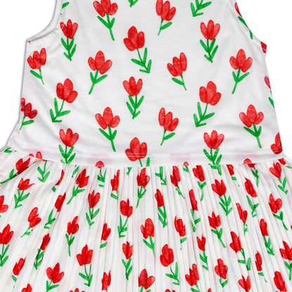 Cute Girl Flower Print Pleated Outing Knit Dress