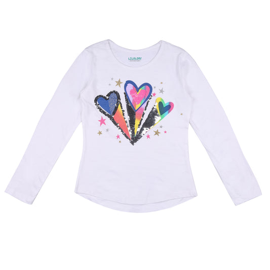 Blooming Hearts Sequin Girls Full Sleeve Casual And Outing T Shirt