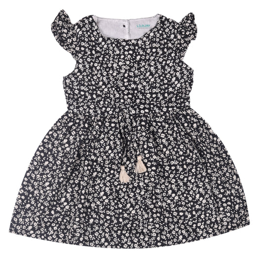 Black Floral Print Princess Dress with Fly Sleeve Vintage And Party Wear