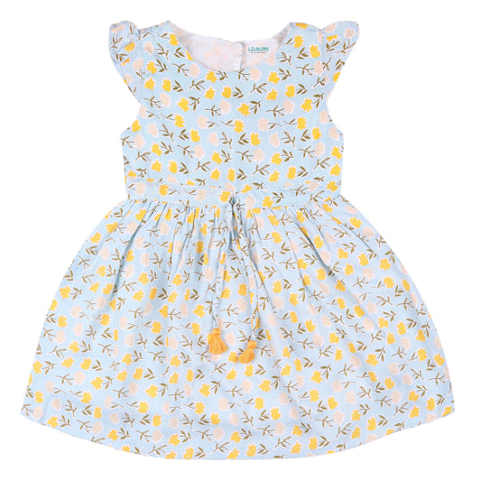 Yellow Floral Print Princess Dress with Fly Sleeve Vintage And Party Wear
