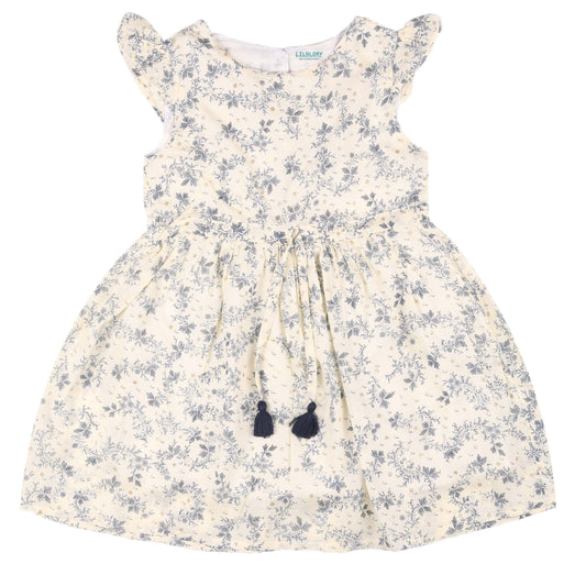 Grey Floral Print Princess Dress with Fly Sleeve Vintage And Party Wear