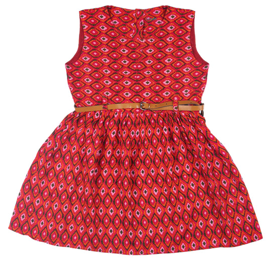 Red Abstract Print Princess Sleeveless Dress Vintage Look And Party Wear