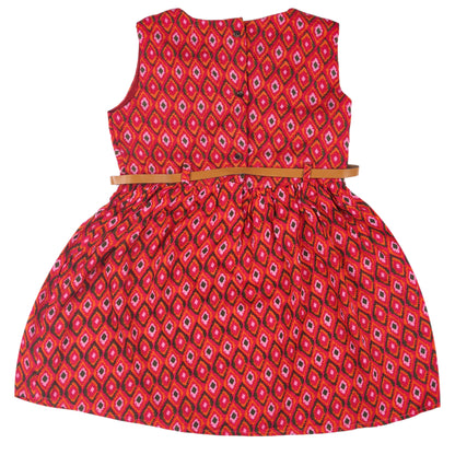 Red Abstract Print Princess Sleeveless Dress Vintage Look And Party Wear