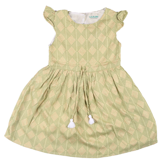 Mint Green Abstract Print Princess Dress with Fly Sleeve Vintage And Party Wear