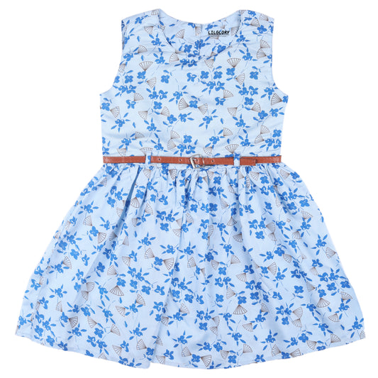 Blue Floral Print Princess Sleeveless Dress Vintage Look And Party Wear